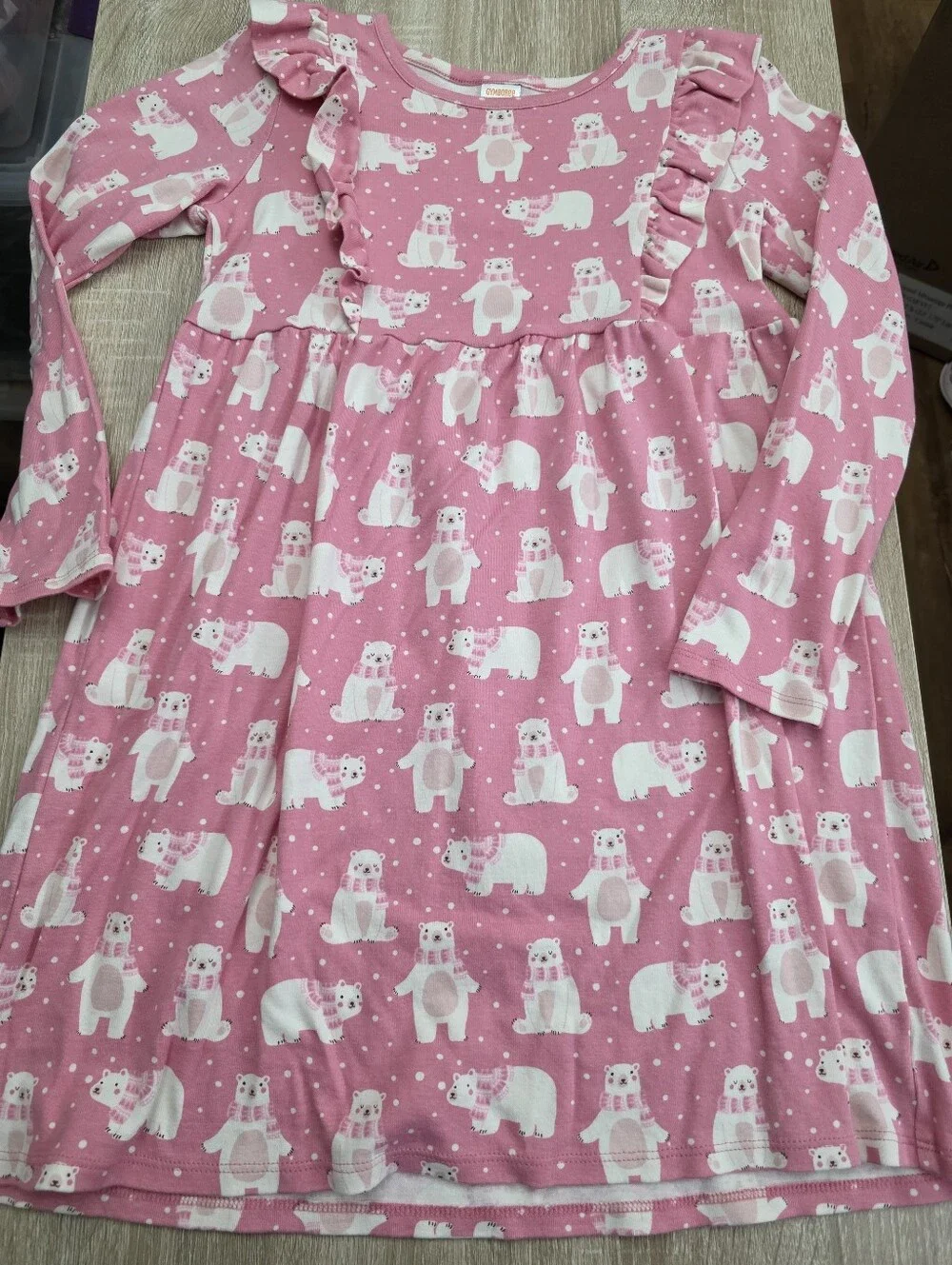 Gymboree Bear Hugs Pink Polar Bear Ruffle-Trim Long-Sleeve Cotton Dress Size 12